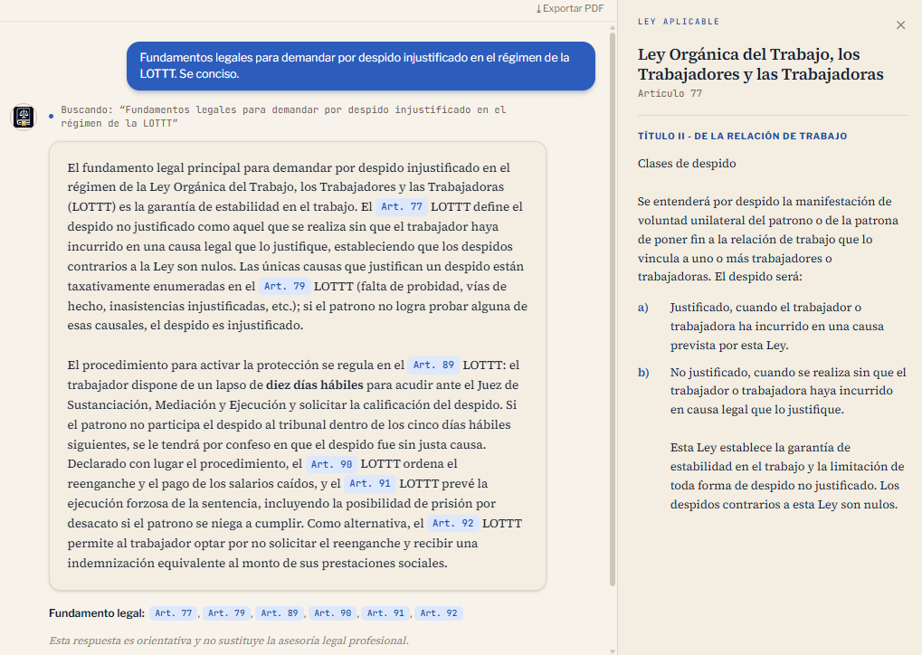 Respuesta de Leyla en modo técnico junto al panel «Ley aplicable», que muestra el texto oficial del Art. 77 de la LOTTT.