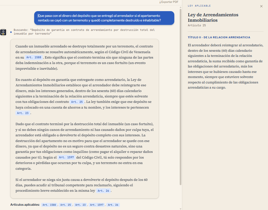 Respuesta de Leyla en modo técnico junto al panel «Ley aplicable», con el Art. 25 de la Ley de Arrendamientos Inmobiliarios.